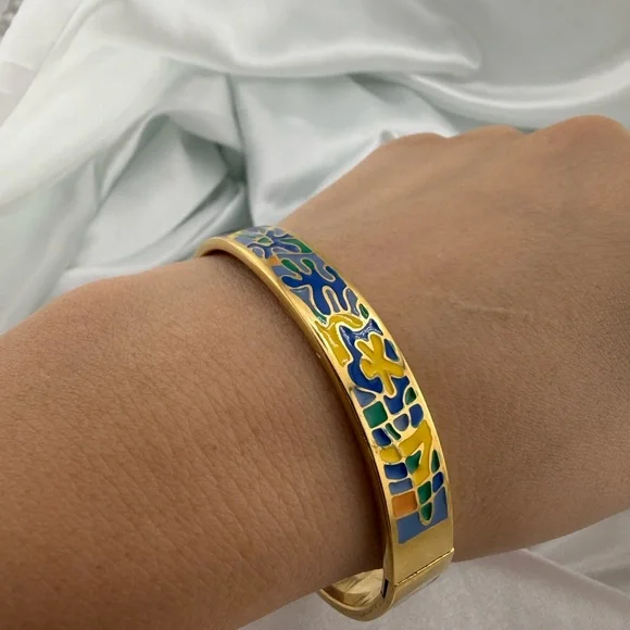 Multicolour Gold modern art blue and yellow Stainless steel cuff bracelet - Picture 1 of 10